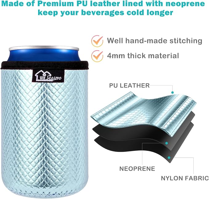 WKIEASON 12OZ Standard Can Coolers Sleeve Neoprene Can Coozies Insulators Can Koozies Cover for Beer Bottle PU Leather Neoprene Can Coolier for Soda Beverage Cokecola Can Sleeves-3PCS Pack
