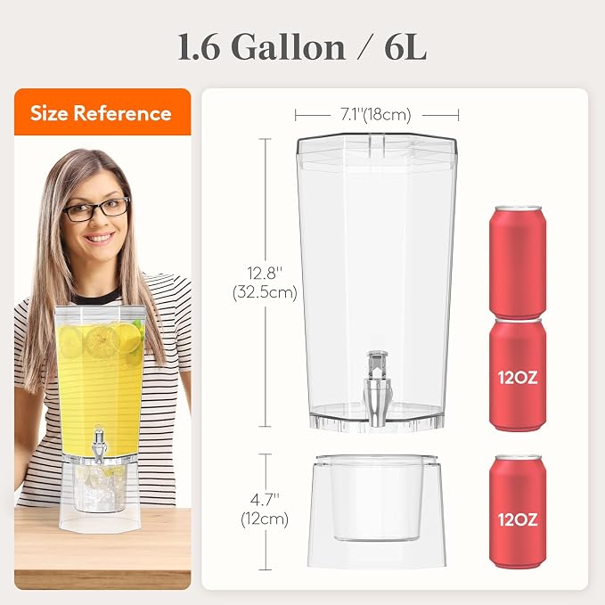 Lifewit 1.6 Gallon Drink Dispenser for Parties 2 Pcs, 6L Plastic Beverage Container with Stand for Juice/Tea/Soda & Lemonade, Clear Water Pitcher with Spigot for Mimosa Bar Hosting 39 x 16 cm/15x6"
