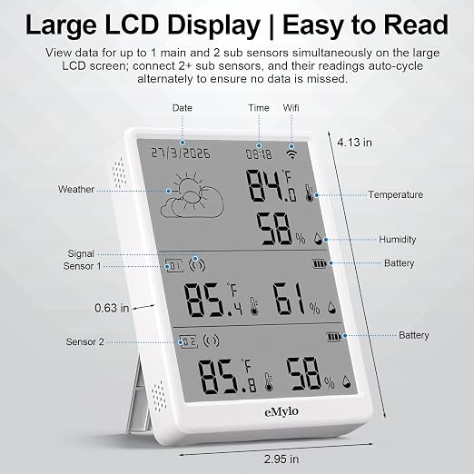 eMylo WiFi Thermometer Hygrometer with 4 IP65 Outdoor Sensors, 328Ft Range | Temperature Humidity Monitor with App Alerts, Alexa Compatible, Indoor Thermometer for Home Greenhouse Basement Wine Cellar