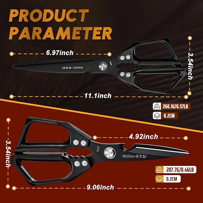 Huusk Kitchen Scissors Japanese Stainless Steel, 2 Pack Kitchen Shears Set | Multifunction Cooking Scissors for Meat, Fish, Chicken Bones, Turkey, Ergonomic Handles, Dishwasher Safe, Gifts for Women