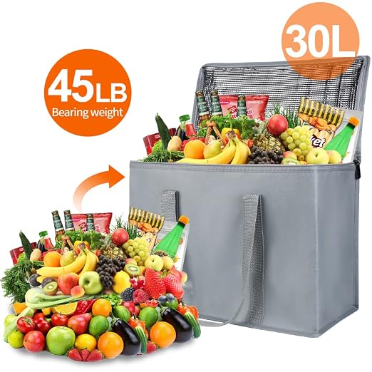 Bodaon 3-Pack Insulated Reusable Grocery Shopping Bag, X-Large Frozen Food Cold, Cooler Bags with Secure Top, Insulated Food/Pizza Delivery Bag, Gray