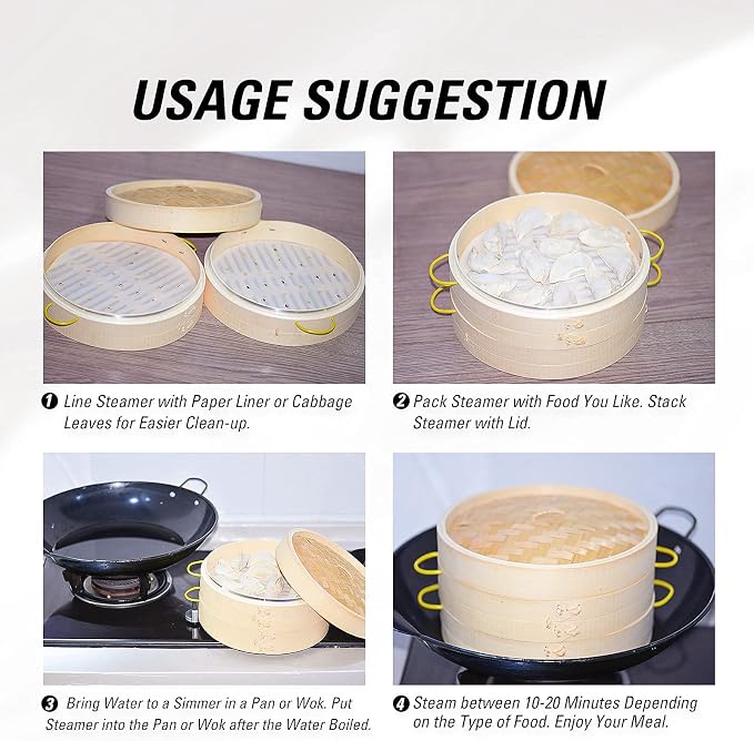 MacaRio 10 Inch Bamboo Steamer Basket Set Dumpling Steamer for Cooking | 2-tier with lid side handles chopsticks ceramic sauce dishes 50 paper liners for dumplings buns vegetables
