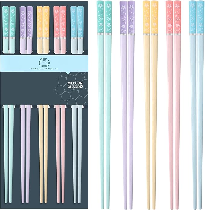 Sakura 5 Pairs Fiberglass Chopsticks, Non-Slip Reusable, Dishwasher Safe | Food-Safe, Lightweight, Matte Textured Tips, Heat-Resistant, Ideal for Sushi Ramen, Premium Gift for Family Friends, 9.5inch