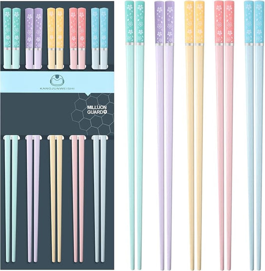Sakura 5 Pairs Fiberglass Chopsticks, Non-Slip Reusable, Dishwasher Safe | Food-Safe, Lightweight, Matte Textured Tips, Heat-Resistant, Ideal for Sushi Ramen, Premium Gift for Family Friends, 9.5inch