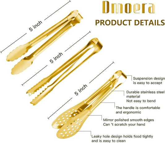 12 Pack Gold Premium Small Serving Tongs, Dmoera Mini Stainless Steel Appetizer Tongs, 5 Inch(12.7cm)