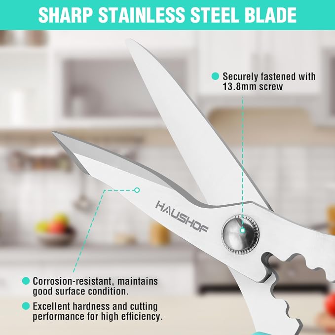 HAUSHOF Kitchen Scissors for Food, 8-1/4" Kitchen Scissors All Purpose | Heavy Duty Kitchen Shears, Sharp Stainless Steel Shears, Soft Grip, U-Groove, Food Scissors for Meat, Vegetables, Fine Bones