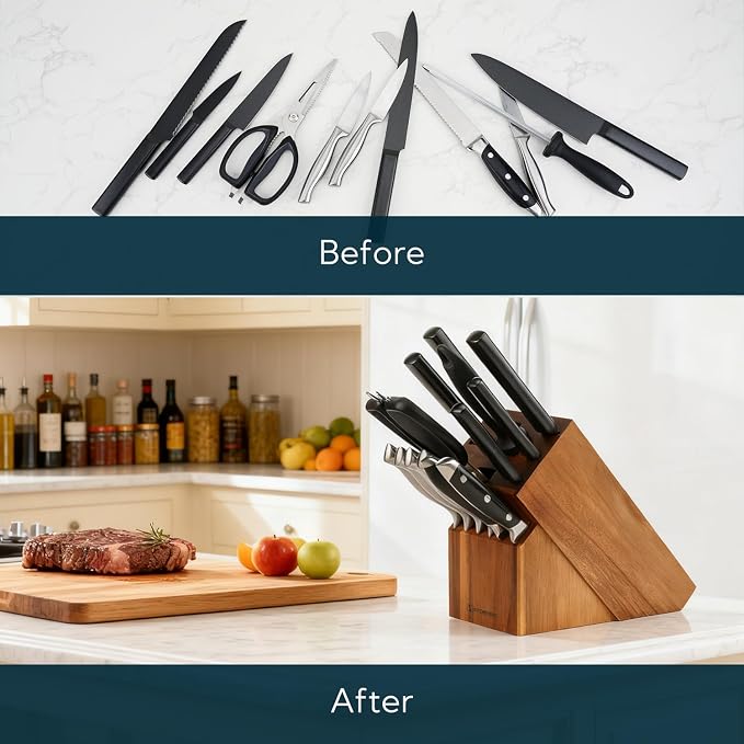 KITCHENDAO 14 Slot Acacia Wood Knife Block without Knives, Universal Knife Holder for Kitchen, Holding Multiple Types of Knives, Countertop Butcher Block Knife Stand for Easy Kitchen Storage