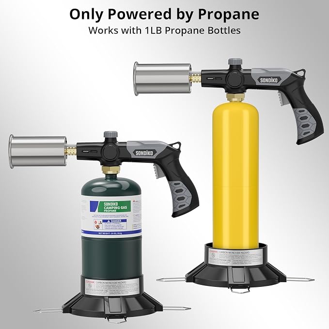 Sondiko Powerful Propane Torch with Gas Cylinder Stand Base, Grill Torch | Cooking Torch, Sous Vide, Campfire Starter, Adjustable Torch Gun for Searing Steak, BBQ, Welding, Propane Tank Not Included