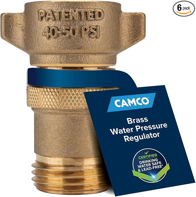 Camco Brass Marine/RV Water Pressure Regulator-Protects RV Kitchen Small Appliances, Plumbing & Hoses – Reduces RV Water_Pressure to Safe & Consistent 40-50 PSI-Drinking Water_Safe (40055) (Pack of 6)