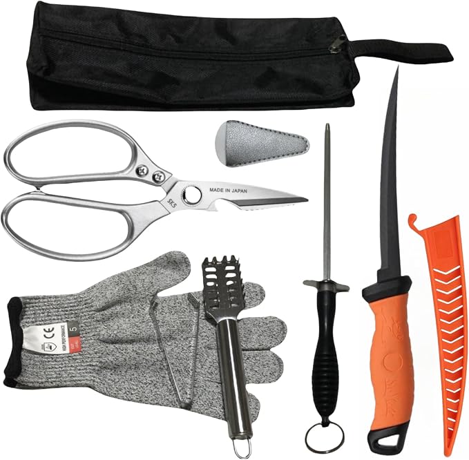 Fishing Knife Set, Fish Cleaning Kit, Filet Knife for Fish, Fish Scale Cleaning Brush, Multi-Functional Scissors, Gloves, Fishbone Tweezers, Storage Bag,Fishing Accessories,Fishing Tool Kit