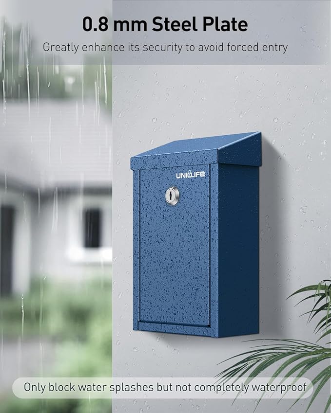 Uniclife Blue Metal Donation Box, Wall Mounted Mailbox for Outside | Safe Suggestion Box with Key Lock, Steel Key Drop Box for Outside, Cash Box for Home Office and Business