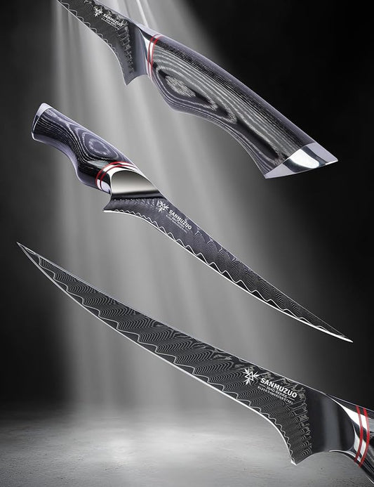 7 Inch Fillet Knife - Professional Kitchen Boning Knife - Black Damascus Steel with Ergonomic Handle - MIAO Series