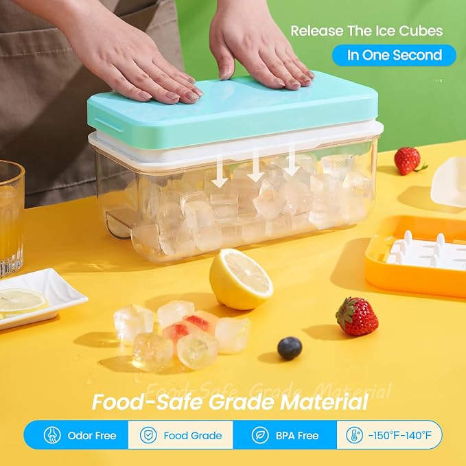 1.0" Ice Cube Tray with Lid and Bin, PHINOX 64 Cubes Ice Trays for Freezer, Ice Cube Trays for Freezer with 2 trays, Container, Lid & Ice Scoop, BPA Free, Blue(32Cubes/Tier)