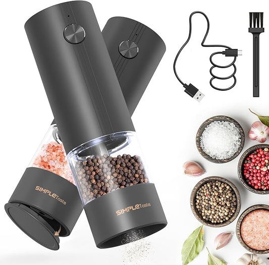SIMPLETASTE Electric Salt and Pepper Grinder Set with LED Light, Automatic Pepper Mill Shakers with Adjustable Coarseness, One Hand Operation for Kitchen, Dining, Gifting, Black, Rechargeable