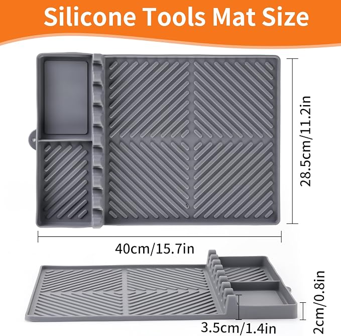 Find law Silicone Tools Mat for Griddle & Kitchen Countertop | Grey Side Shelf Spatula Mat with Drip Pad for Blackstone Weber Traeger Pit Boss Flat Top Grill Smoker, BBQ Gifts for Men