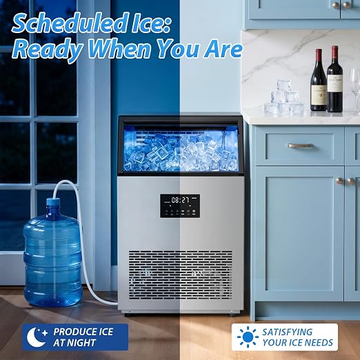 Commercial Ice Maker Machine, 150lbs/24H Stainless Steel Under Counter ice Machine with 55 Ice Cubes, Self-Priming Gallon Water& Facuet Water Inlet, Self Clean,45LB Storage Bin for Bar, Garage, Home