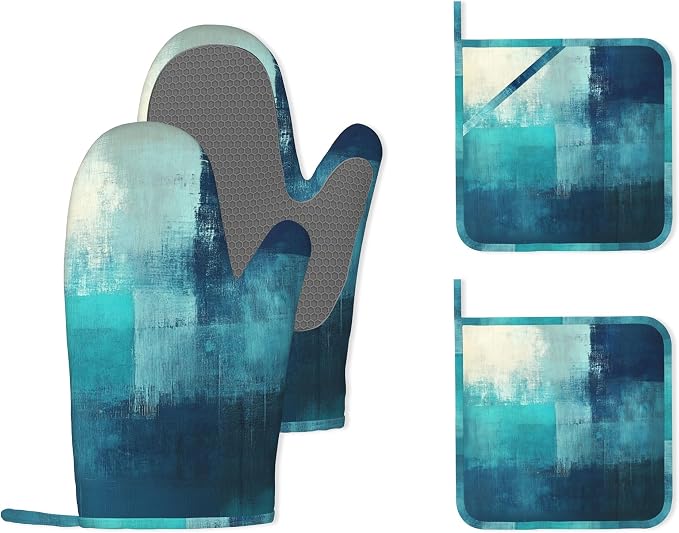 Turquoise Grey Oven Mitts and Pot Holders (4PCS),Teal Modern Art Heat Resistant Non-Slip Silicone Kitchen Gloves for Cooking, Baking, BBQ Waterproof Kitchen Accessories