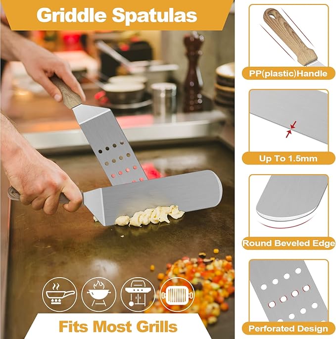 Metal Spatula Set of 5, HaSteeL Heavy Duty Griddle Accessories Kit, Durable Stainless Steel Burger Turner Flipper Scraper Tools for Flat Top Grill Teppanyaki Cast Iron, Indoor & Outdoor, Easy to Clean