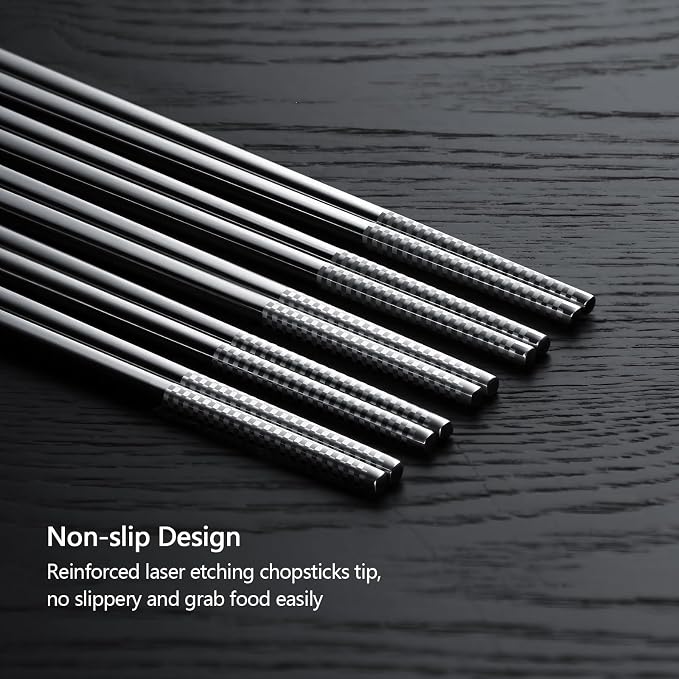 IQCWOOD Laser Engraved 18/8 Stainless Steel Chopsticks, 5 Pairs Reusable Dishwasher Safe Metal Chopsticks, Non-Slip Square Japanese Korean Style Chop Sticks for Cooking Eating, 9 1/4 Inches Gift Set