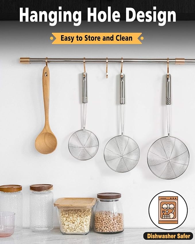 Enhanced Version Stainless Steel Spider Strainer Skimmer Ladle, Set of 3 Sizes Kitchen Strainer Spoon for Cooking and Frying, Pasta Strainer, Food Preparation-32.5cm, 36cm, 38cm