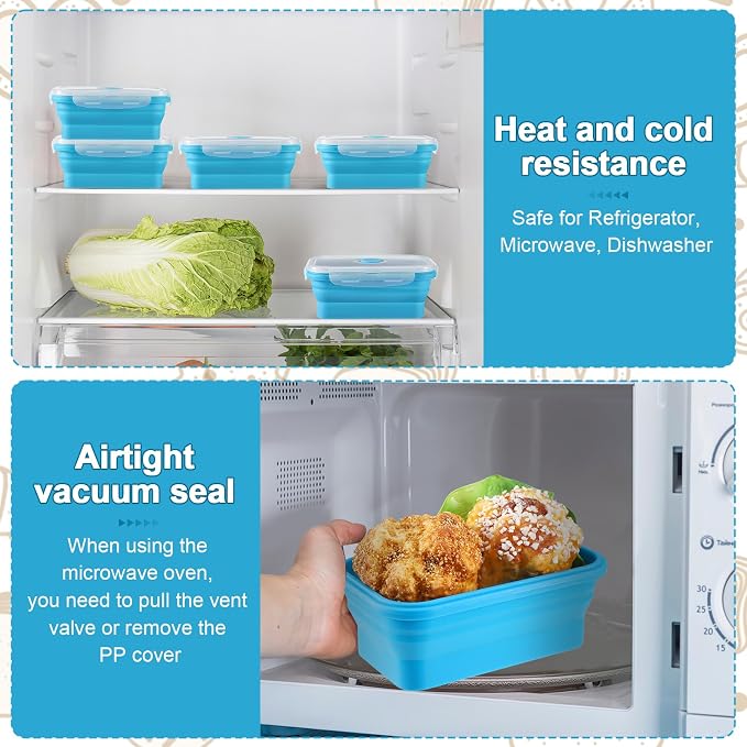 Set of 8 Silicone Collapsible Bowls for Camping with Vent Lid Silicone Storage Containers for Food Meal Preparation Square Bowl Microwave Freezer Dishwasher Safe(Blue,17 Oz/ 500 ml)