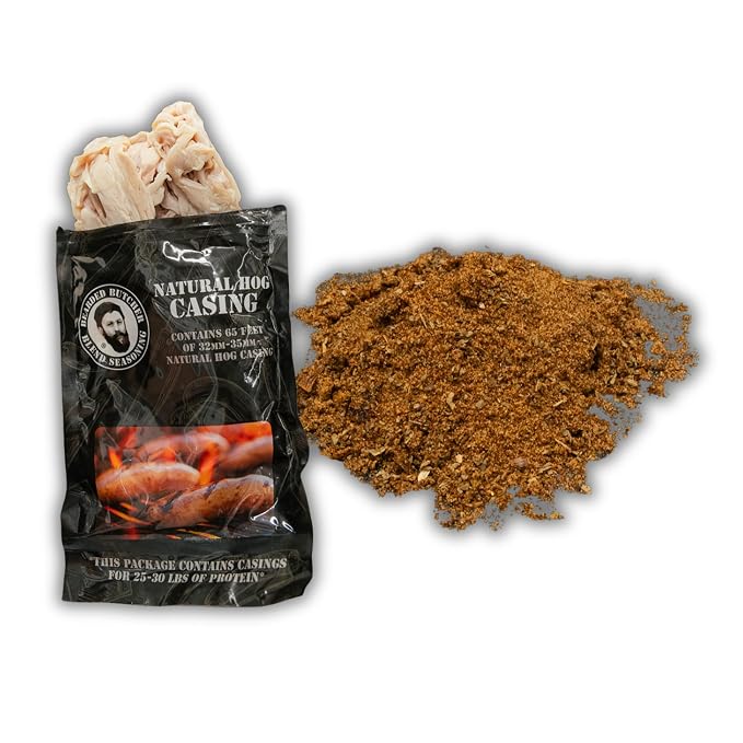 Bearded Butchers Tomato Basil Bratwurst DIY Kit – Flavorful Brats with Tomato Basil Seasoning & 32mm-35mm Natural Hog Casings – For Pork, Chicken & More – Makes Up to 25 lbs Meat