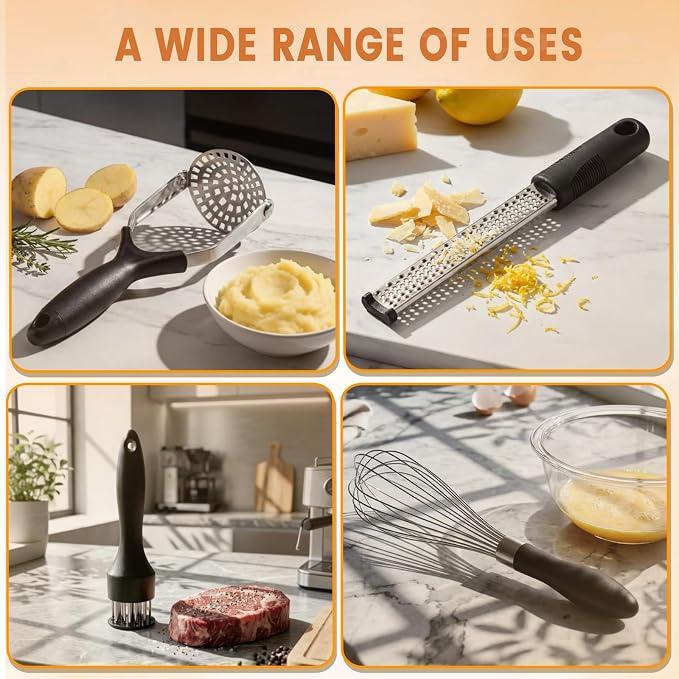 Kitchen Gadgets Set Stainless Steel Cooking Tools Essentials, Black, 4Pcs | Includes Whisk, Meat Tenderizer, Potato Masher Smasher, Grater Zester, Soft Ergonomic Handle, Dishwasher Safe, Space Saving