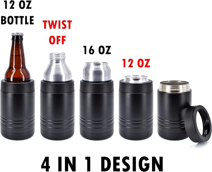 4-in-1 Stainless Steel 12 oz Double Wall Vacuum Insulated Can or Bottle Cooler Keeps Beverage Cold for Hours - Also Fits 16 oz Cans - Powder Coated Black - Clear Water Home Goods