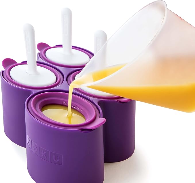 ZOKU Round Pop Molds - 4 Silicone Popsicle Molds with Reusable Sticks and Drip Guards, Easy-Release, BPA-Free