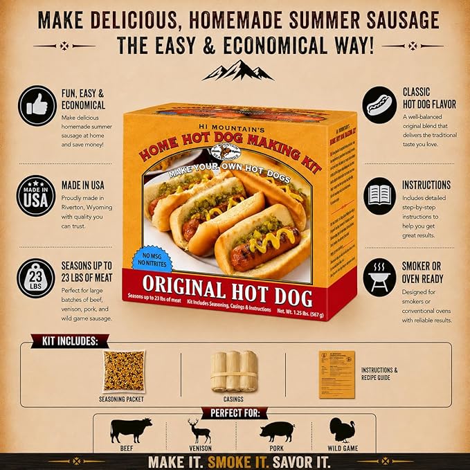 Hi Mountain HOT DOG Kit | Makes up to 23 lbs | Complete hot dog making kit with, seasoning, natural hog casings & directions. Perfect for pork, beef, venison, deer, & elk
