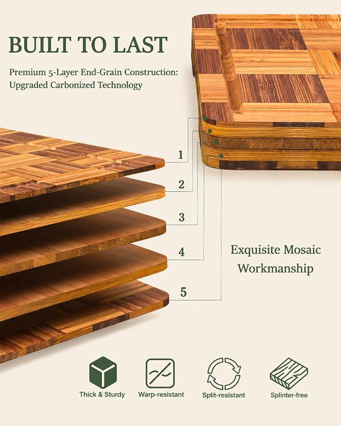 Checkered Cutting Board Set with Holder, Set of 3 Heavy Duty End Grain Butcher Block Boards for Kitchen, Bamboo Chopping Boards with Juice Grooves and Handles for Meat, Vegetables and Meal Prep