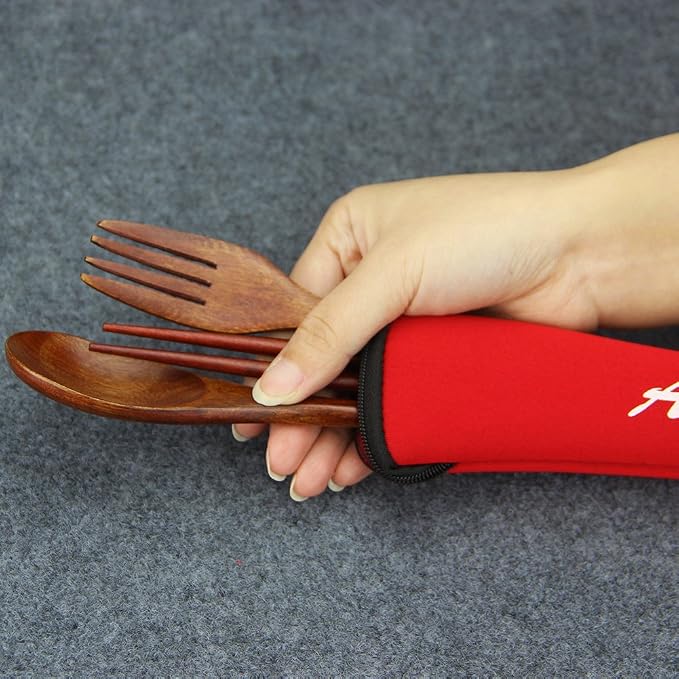 Wooden Spoon and Fork Set,AOOSY 4 Pcs Portable Wooden Utensils for Eating | Reusable Travel Cutlery Set with Wood Fork, Spoon, Chopsticks,9Inches