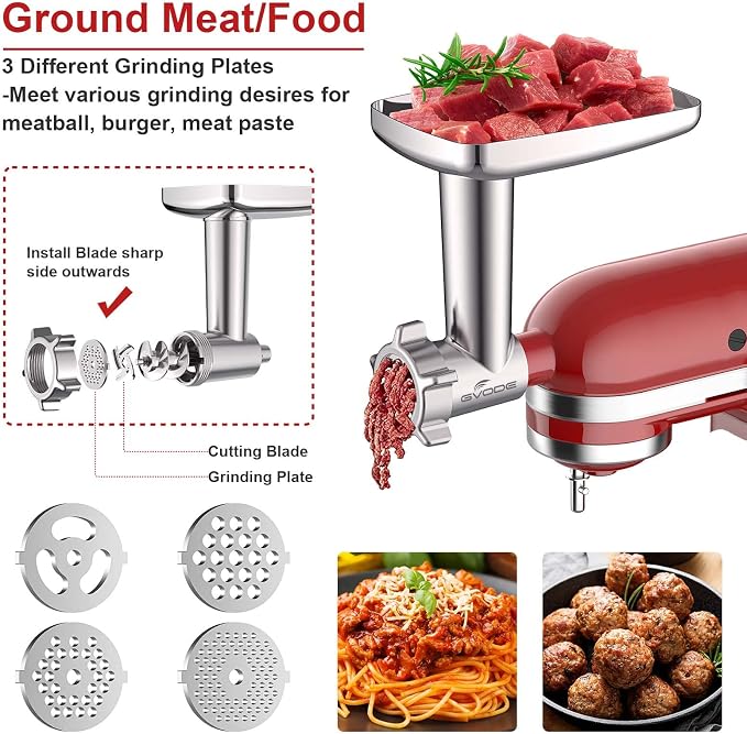 GVODE Metal Meat Grinder Attachment for KitchenAid Stand Mixer,Food Grinder | Meat Grinder for Kitchen Aid Includes 4 Grinding Plates, 3 Sausage Stuffer Tubes, 2 Grinding Blades