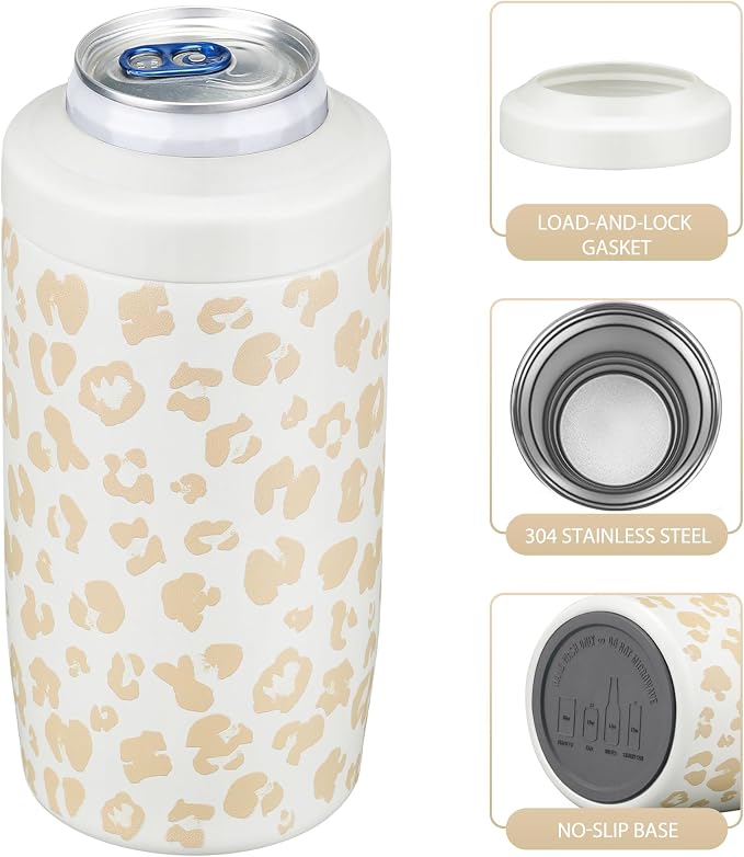MAXSO Slim Can Cooler, 4-in-1 Double Walled Stainless Steel Insulated Beer Can Holder, Works With All 12 Oz Cans,Bottles & As A Pint Cups - Leopard