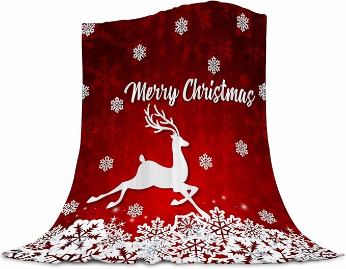 Christmas Blanket Merry Christmas Throw Blanket Red Flannel Fleece Blanket White Snowflake Printed Red White Blanket Soft Plush Blanket for Bedroom Couch Sofa 50"x60"