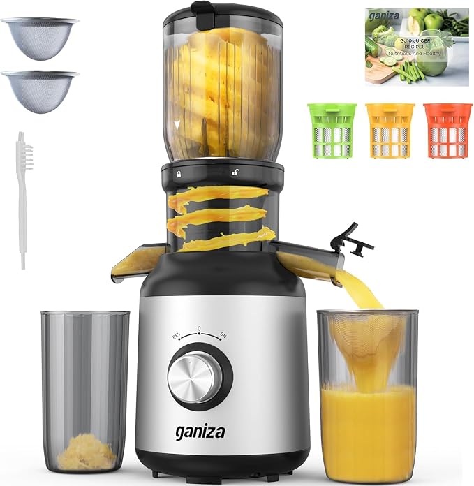 Ganiza Cold Press Juicer Machines, 4.06" Wide Feed Chute, High Juice Yield | Slow Masticating Extractor for Whole Fruits & Vegetables, 3 Replaceable Filters, Ultra-Quiet Motor, Easy to Clean, BPA-Free