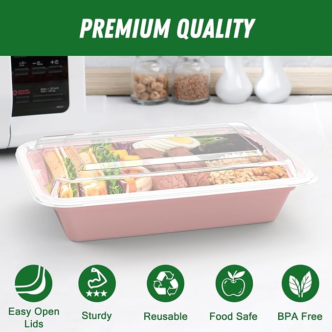 50 Pack (100-Piece) 32 oz Meal Prep Containers with Easy Open Lids, Pink | Sturdy Leakproof & Food Safe, Microwave, Freezer, Dishwasher Safe Prep Containers, To Go Take Out Plastic Food Storage