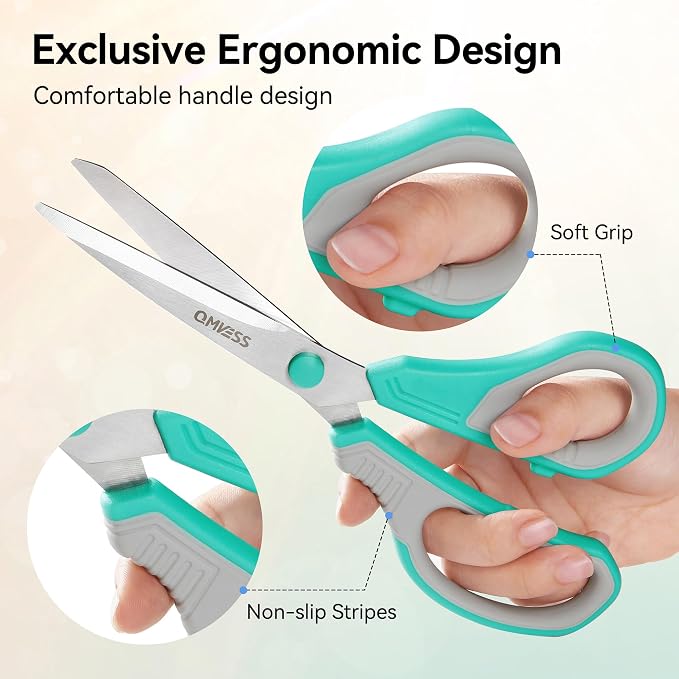 QMVESS 8.5" Scissors All Purpose 3 Pack Heavy Duty for Office School Fabric | Ultra Sharp 2.5mm Thick Stainless Blade, Ergonomic Comfort Grip, Left & Right Handed Classroom Must-Have Cutting General Use