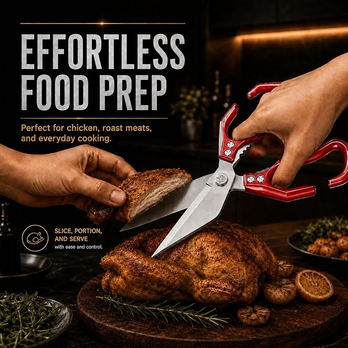 Multifunctional Heavy Duty Poultry Shears, Japanese High-Carbon Steel Kitchen Shears, Kitchen Scissors for Food,Stainless Steel Meat Scissors for Cutting Chicken, Turkey, Meat and Food Prep (Red)