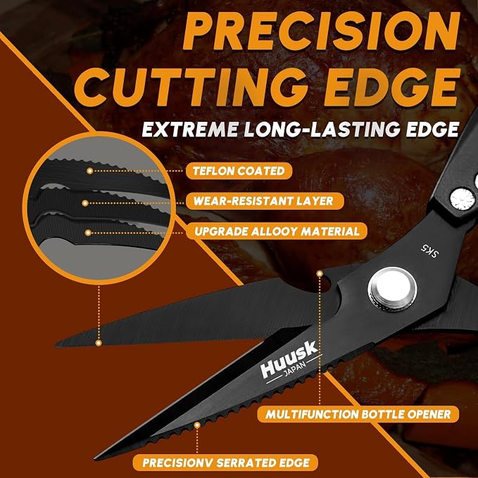 HUUSK Kitchen Scissors for Food, Multifunction Kitchen Shears Heavy Duty | Japanese Stainless Steel Sharp Poultry Shears for Meat, Fish, Chicken Bones, Turkey, Comfortable Handles, Gifts for Women