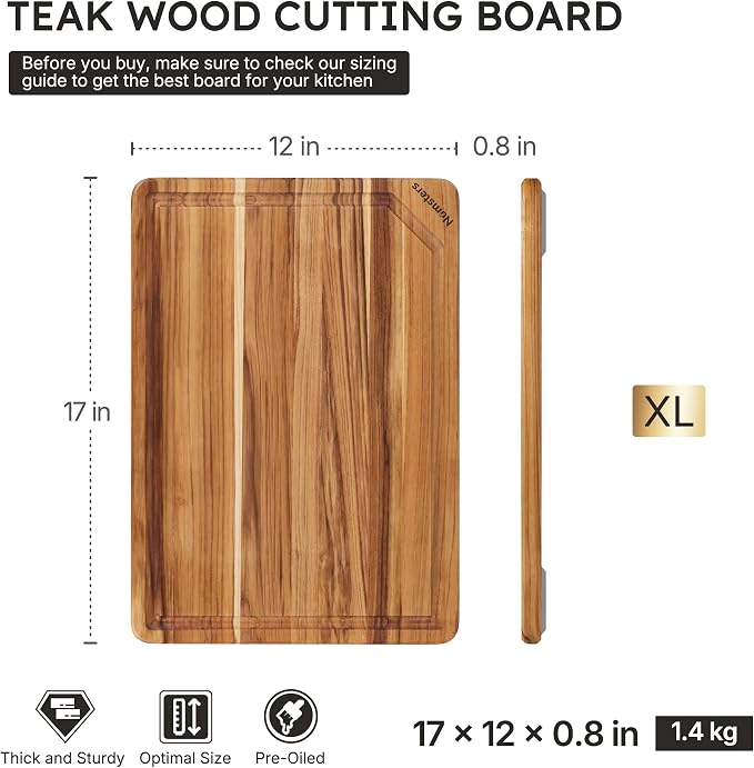 17" Teak Wood Cutting Boards for Kitchen Wooden Chopping Board Non Slip | High-End Teak, Over Sink, Wooden Chopping & Charcuterie Board, Easy to Clean, Non Slip, Ideal Kitchen Gift, Solid Thick