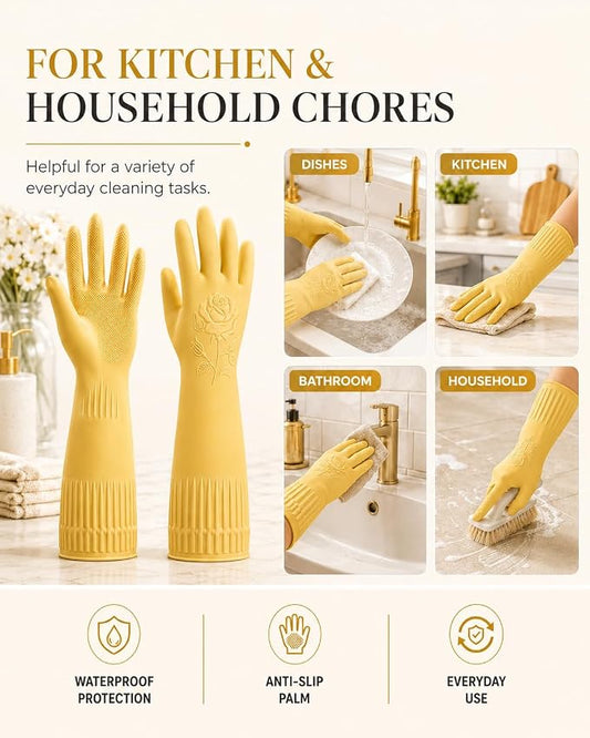 Disfore Rubber-Gloves Dishwashing Gloves for Cleaning-Kitchen - 2 Pairs Long Household Cleaning Gloves for Washing Dishes