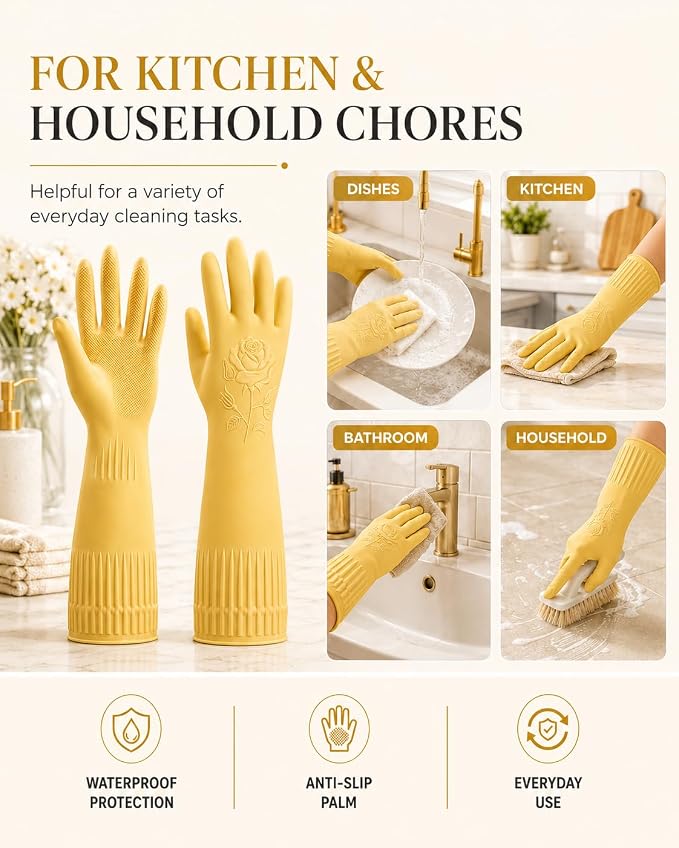 Disfore Rubber-Gloves Dishwashing Gloves for Cleaning-Kitchen - 2 Pairs Long Household Cleaning Gloves for Washing Dishes