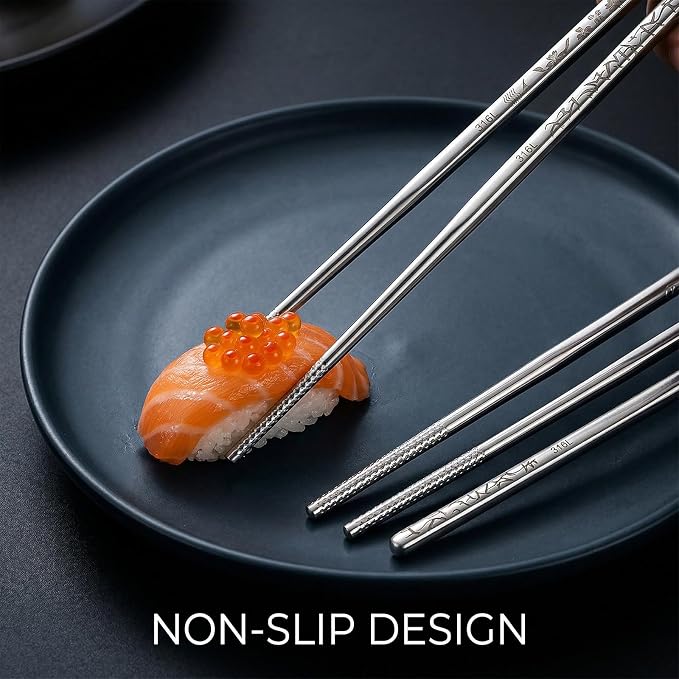 5 Pairs Chopsticks Dishwasher Safe, Stainless Steel Chopsticks | Non Slip Metal Chop Sticks Reusable Japanese Korean Chinese Chopstick for Home Restaurant Cooking Eating