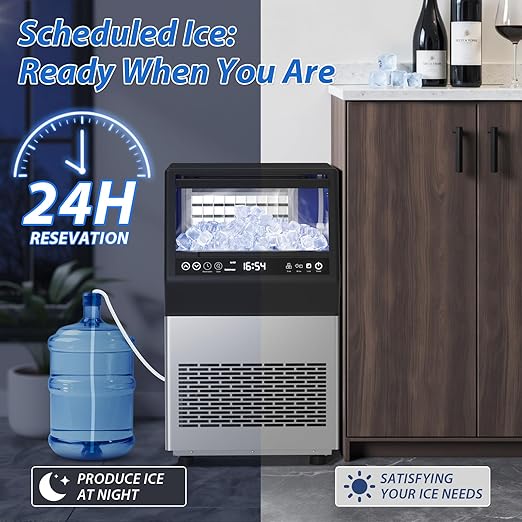 Commercial Ice Maker, 100LBS/24H Freestanding Ice Machine with Self-Priming Gallon Water& Facuet Water Inlet, Self-Cleaning, 3 Ice Thickness,16LBs Storage Bin for Home, Office,Garage, Bar, Restraunt