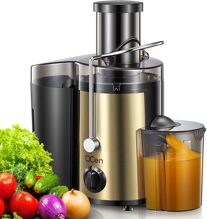 QCen Juicer Machine 500W Centrifugal Juicer with Extra Wide Feed Chute | For Fruits And Vegetables, Stainless Steel, BPA-Free Parts, Easy To Clean, Gold Finish, Compact Countertop Juicer