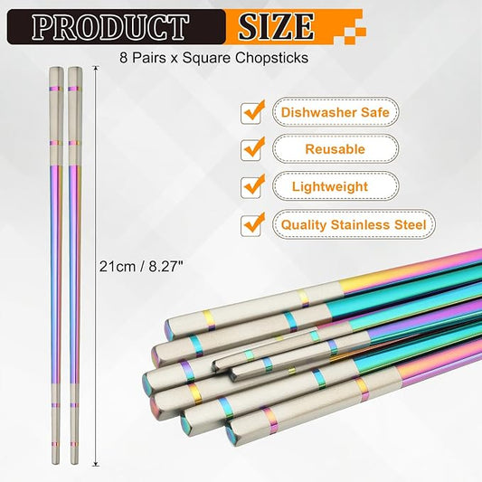 uxcell 8 Pairs Stainless Steel Chopsticks, 21cm / 8.27 Inch Metal Chop Sticks Square Lightweight Chopsticks Tableware Accessories Bulk for Home Kitchen Hot Pot Cooking, Colored Pink