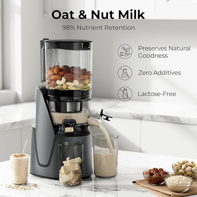 EanOruus Juicer Machines, 3-in-1 Cold Press Juicer, Premium Gray | Makes Juice, Nut Milk & Sorbet, 6.5" Extra Large Chute, 100oz Large Capacity, AC Motor