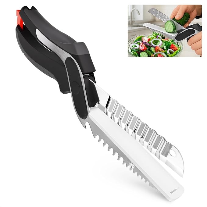 6 in 1 Cutting Board Scissors for Food, Detachable Knife | Cheese Scissors with Built-In Fish Scaler, Bottle Opener and Safety Lock; Dishwasher Safe, Ribbed Blade for Meat & Vegetables