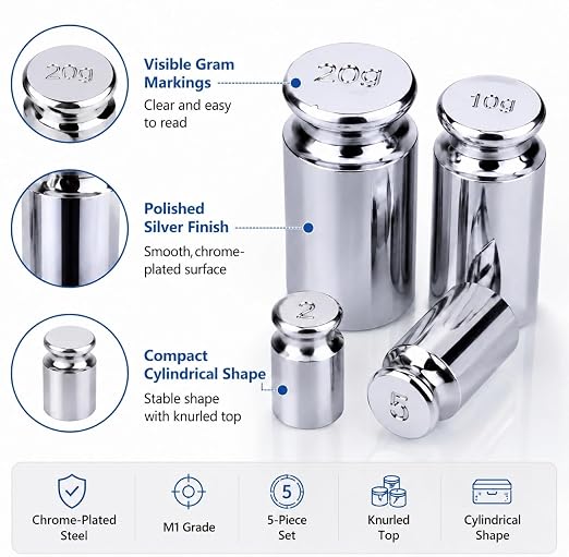 I-MART Calibration Weights Set 1g 2g 5g 10g 20g, M1 Grade Chrome-Plated Steel Small Weights for Digital Scale Calibration, Kitchen Pocket Postal and Craft Use, 5 Piece Gram Set